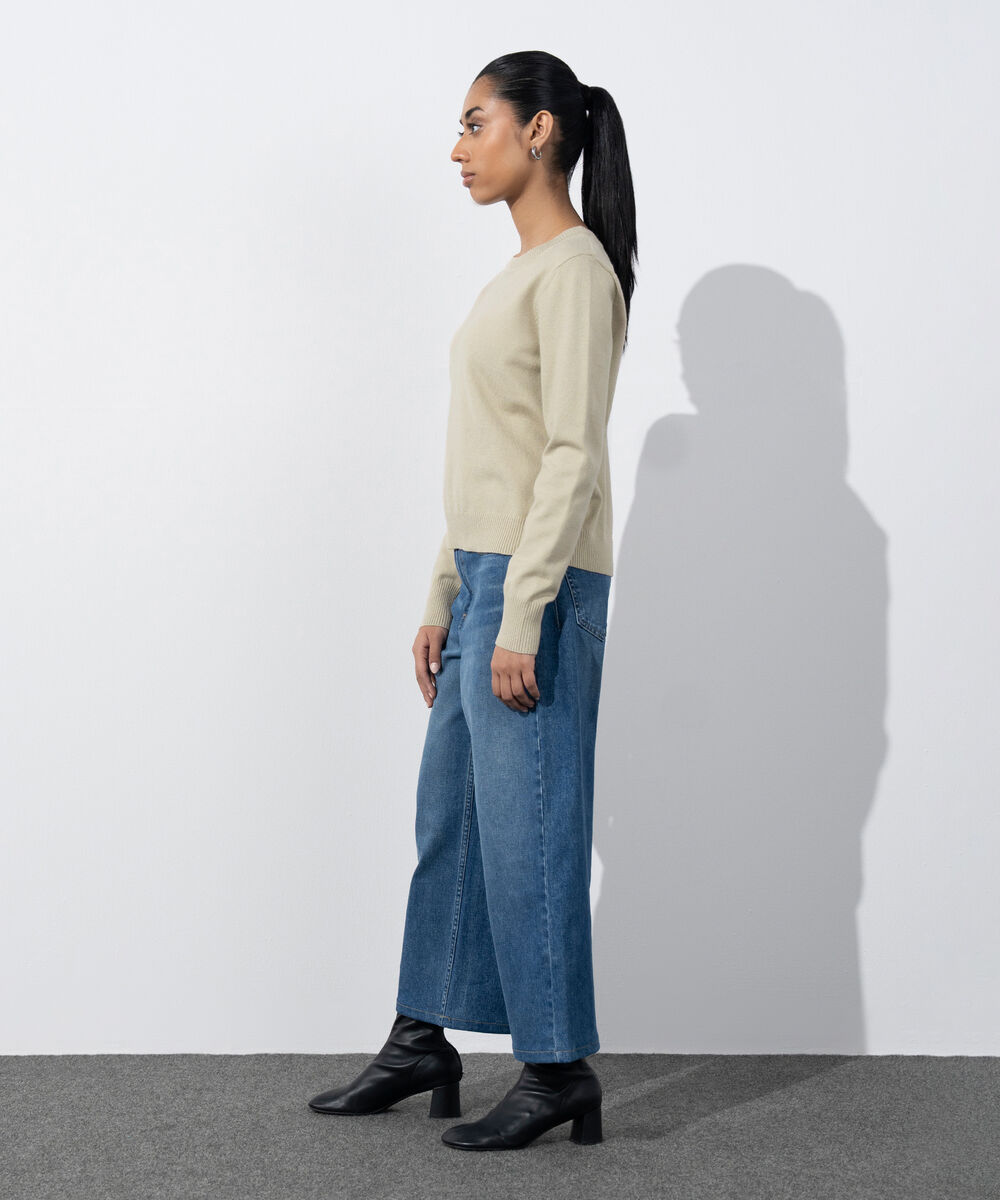 Women's Western Wear Beige Slim-Fit Knit Sweater