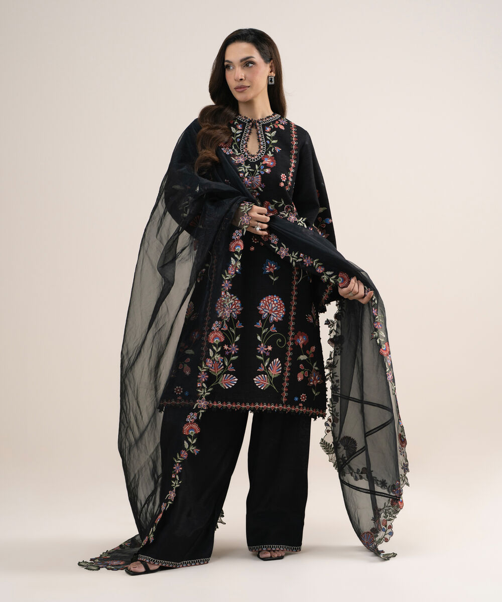 Women's Unstitched Embroidered Viscose Raw Silk Black 3 Piece Suit