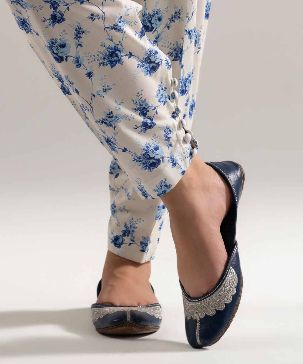 Women's RTW Cotton Viscose Printed White Skinny Shalwar