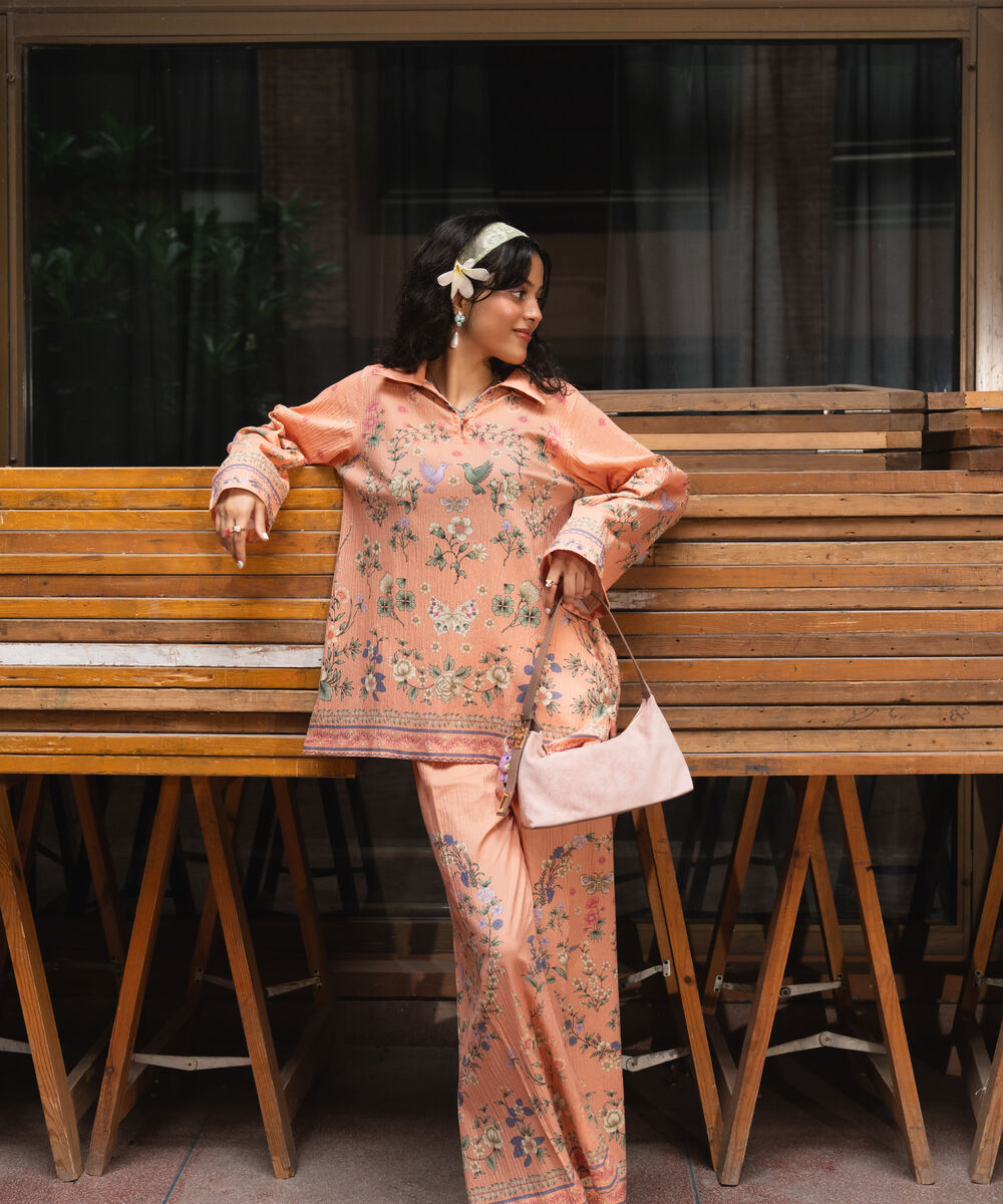 Women's RTW Seersucker Printed Peach 2 Piece Suit