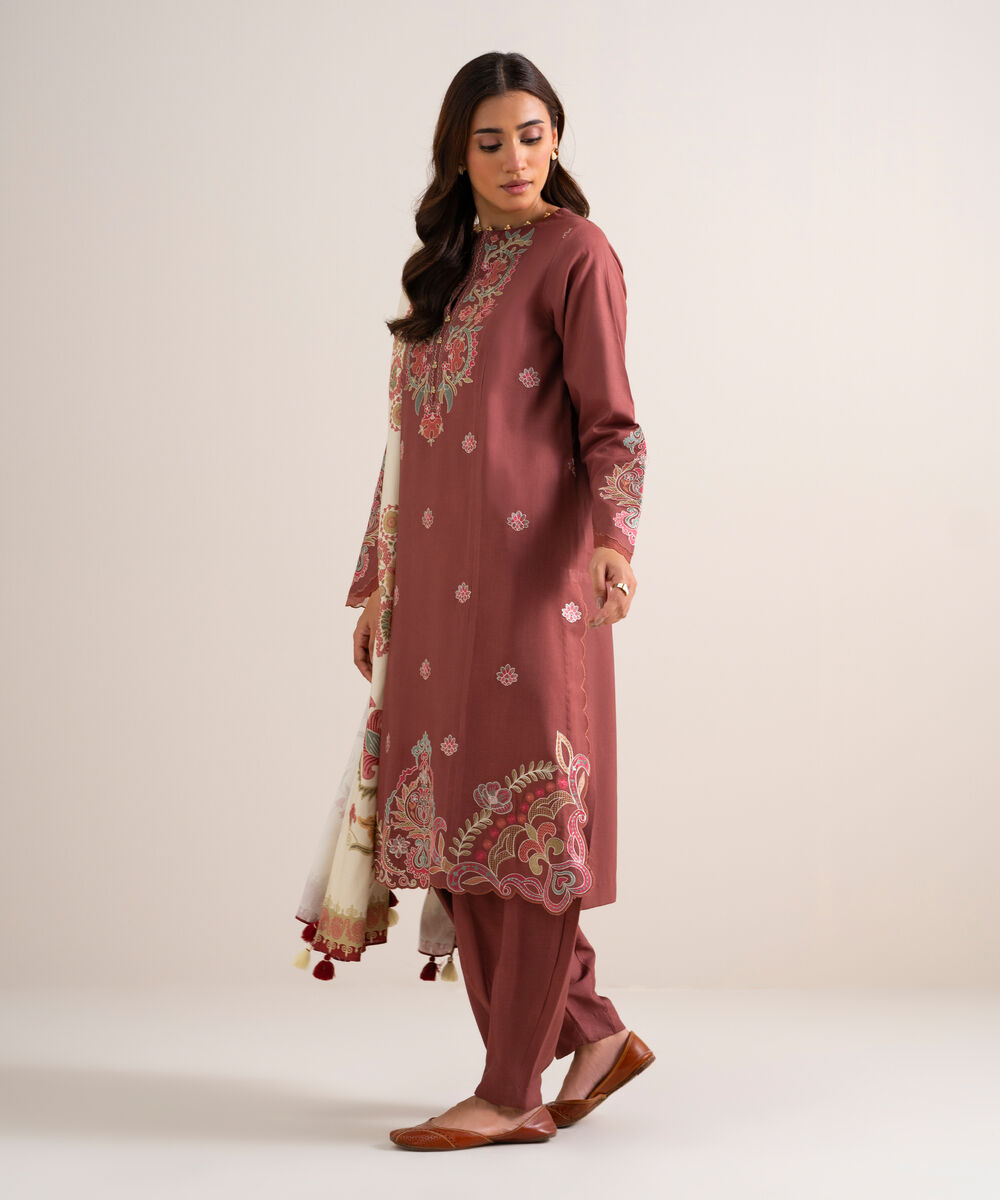 Women's Unstitched Embroidered Linen Tea Pink 3 Piece Suit