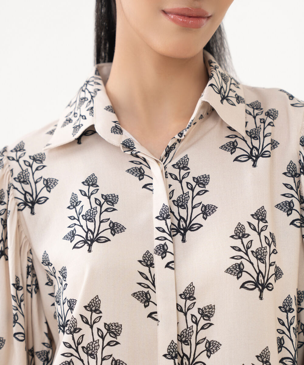 Women's RTW Viscose Linen Cream Printed Button Down Shirt