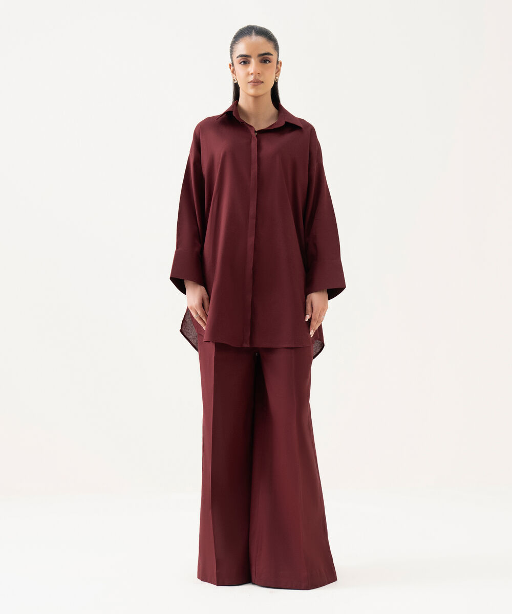 Women's RTW Cotton Linen Red Solid Button Down Shirt