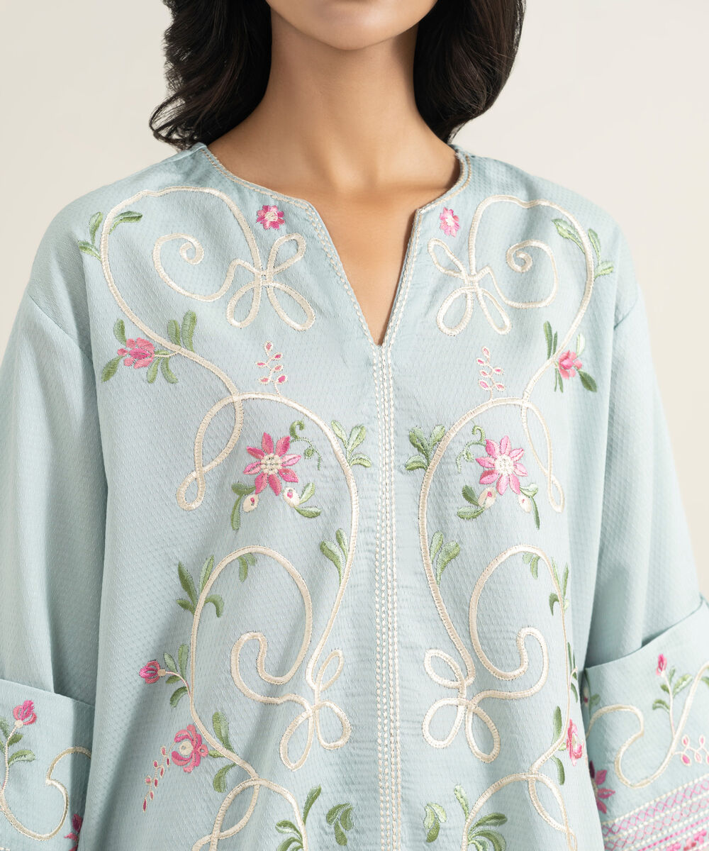 Women's RTW Dobby Embroidered Blue Straight Shirt