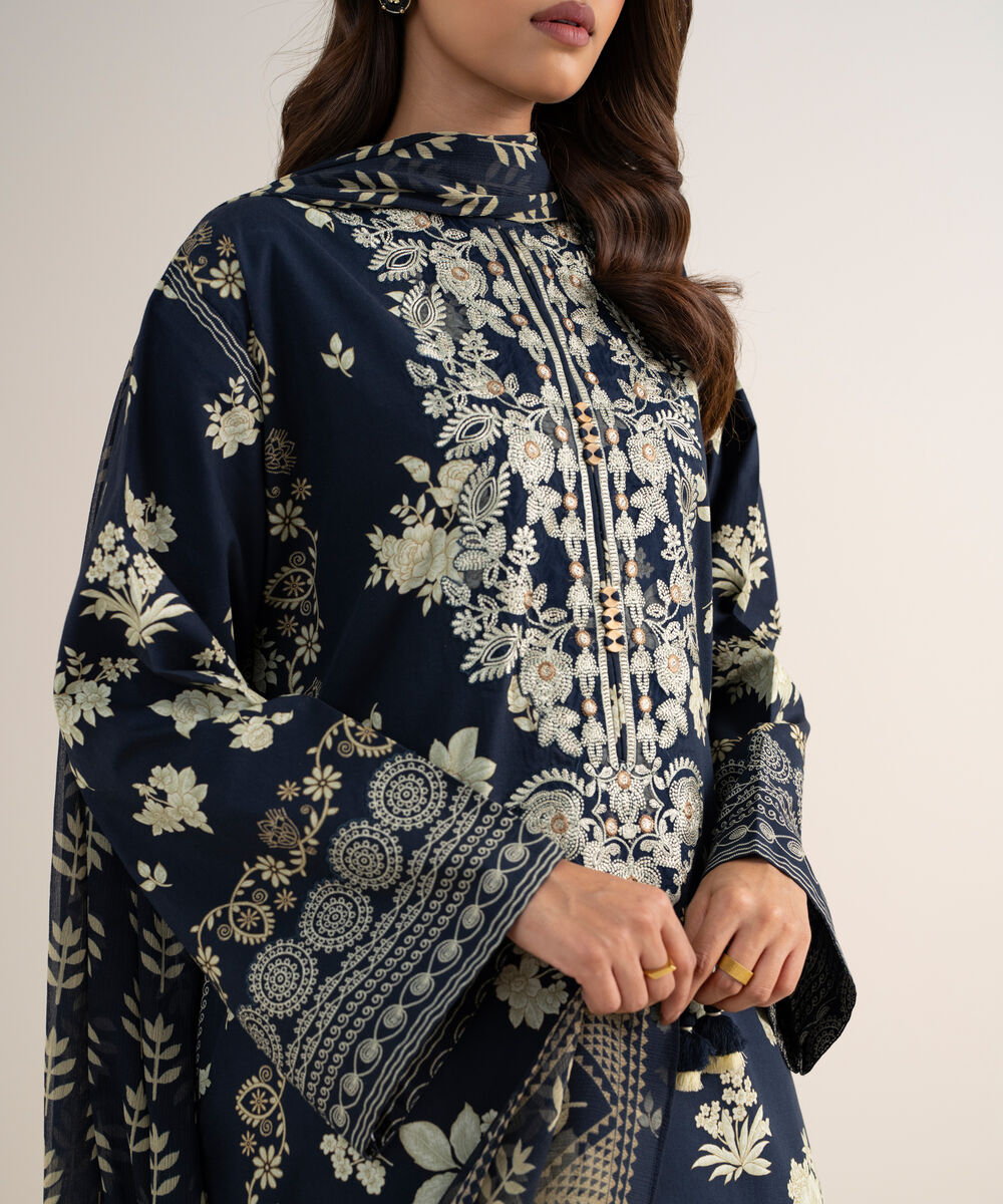 Women's Unstitched Cotton Embroidered Blue