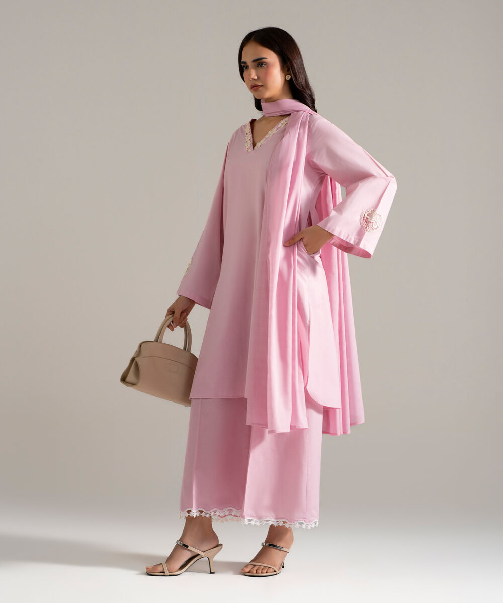Women's RTW Cambric Printed Pink 3 Piece Suit