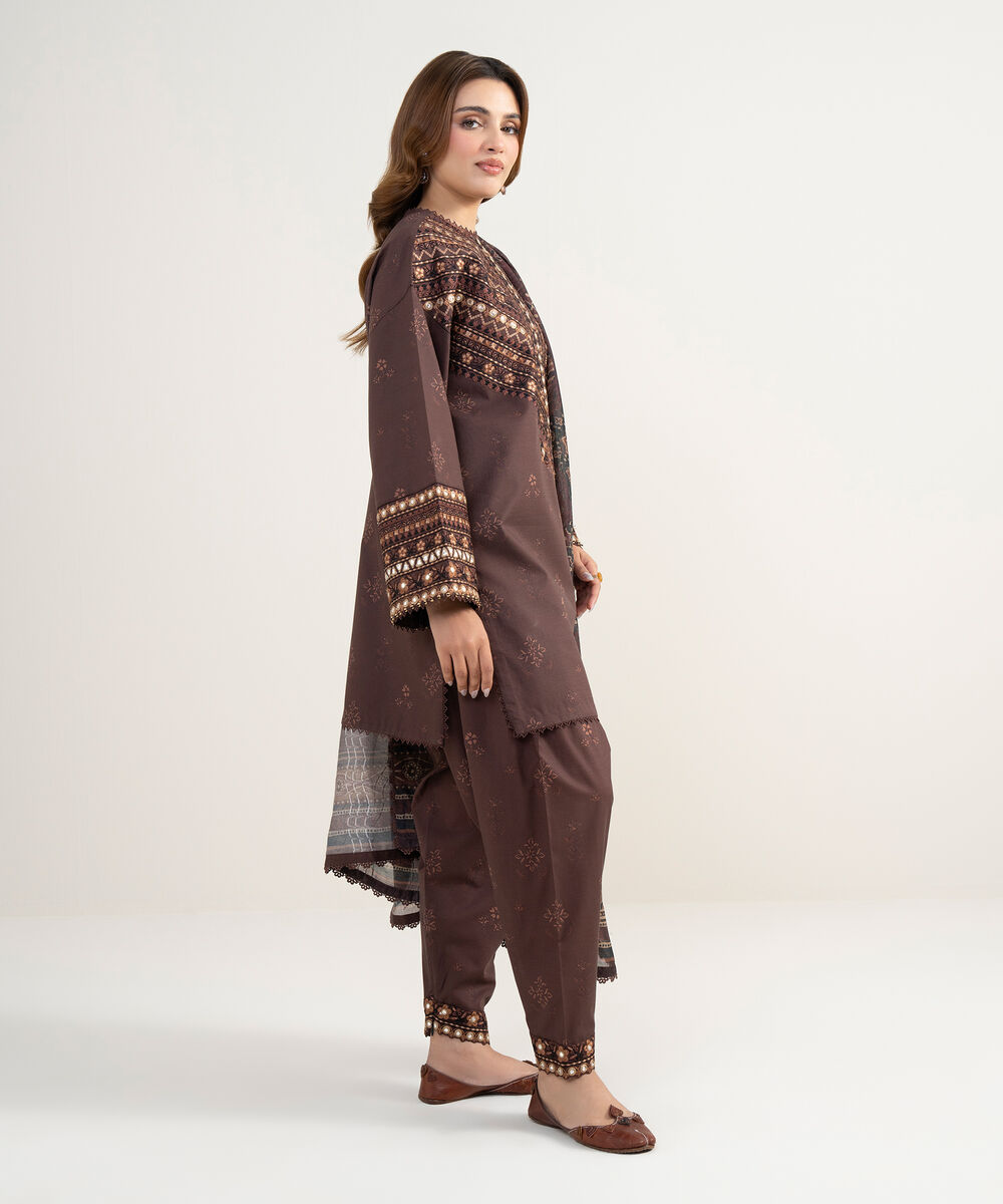 Women's Unstitched Lawn Embroidered Brown 3 Piece Suit