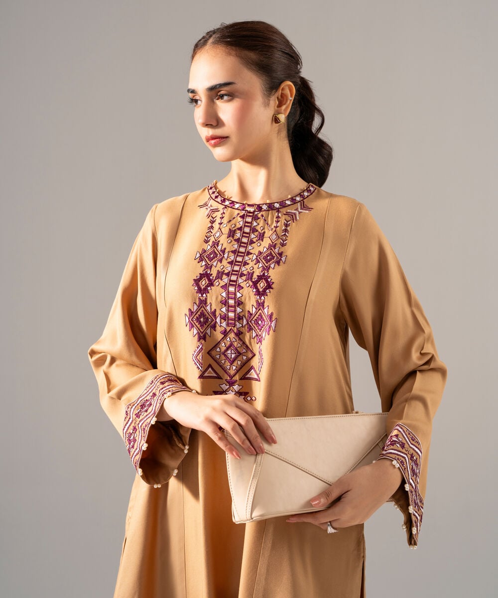 Women's RTW Bedford Solid Embroidered Dark Beige Drop Shoulder Shirt