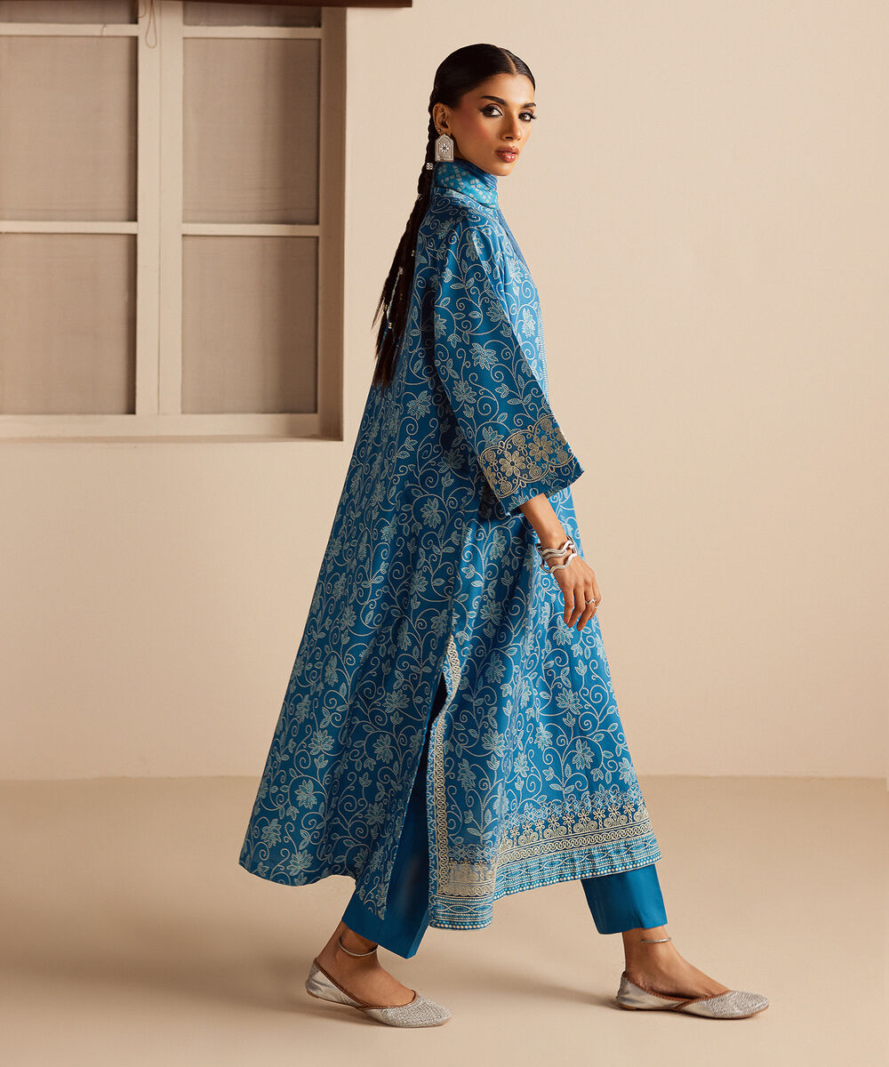 Women's Unstitched Lawn Embroidered Blue 3 Piece Suit