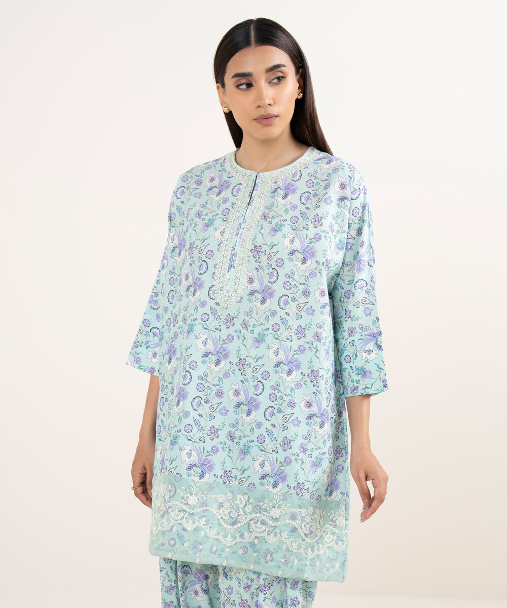 Women's RTW Lawn Blue Embroidered A-Line Shirt