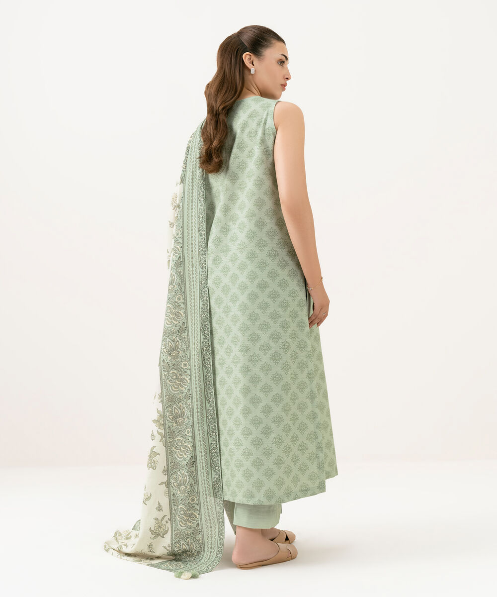 Women's Unstitched Cotton Printed Green 3 Piece Suit