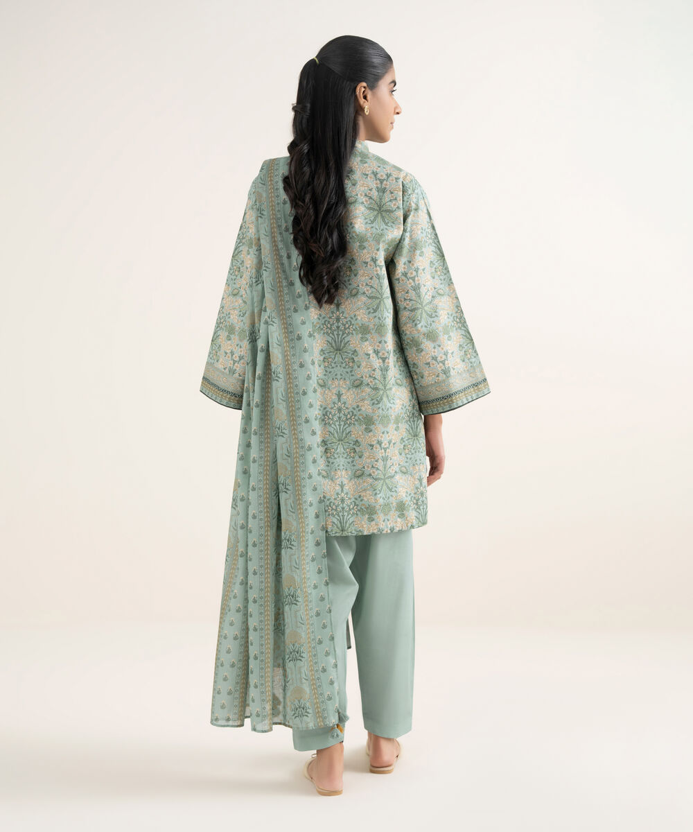 Women's Unstitched Cotton Printed Blue 3 Piece Suit