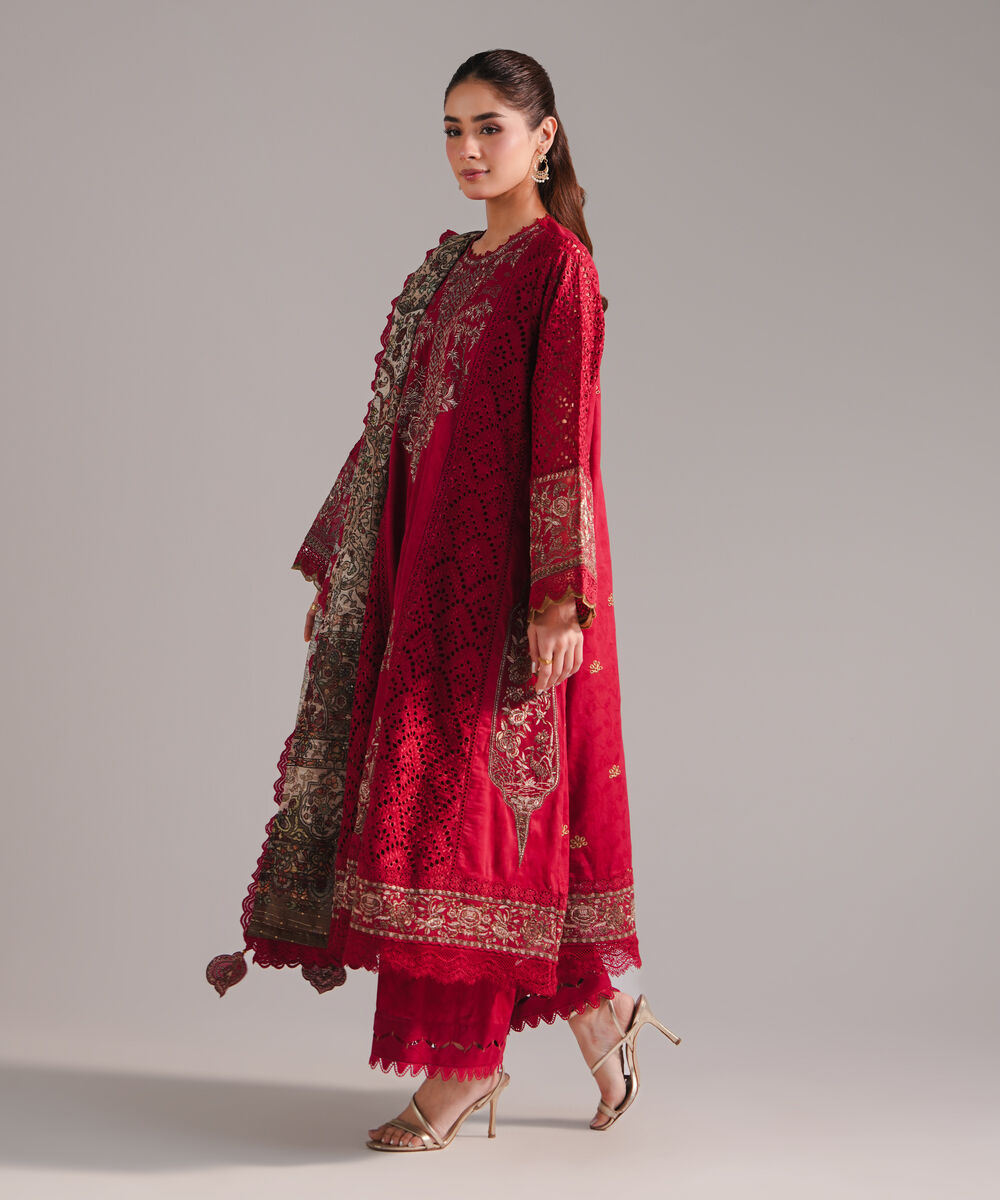 Women's RTW Self Jacquard Embroidered Maroon 3 Piece Suit