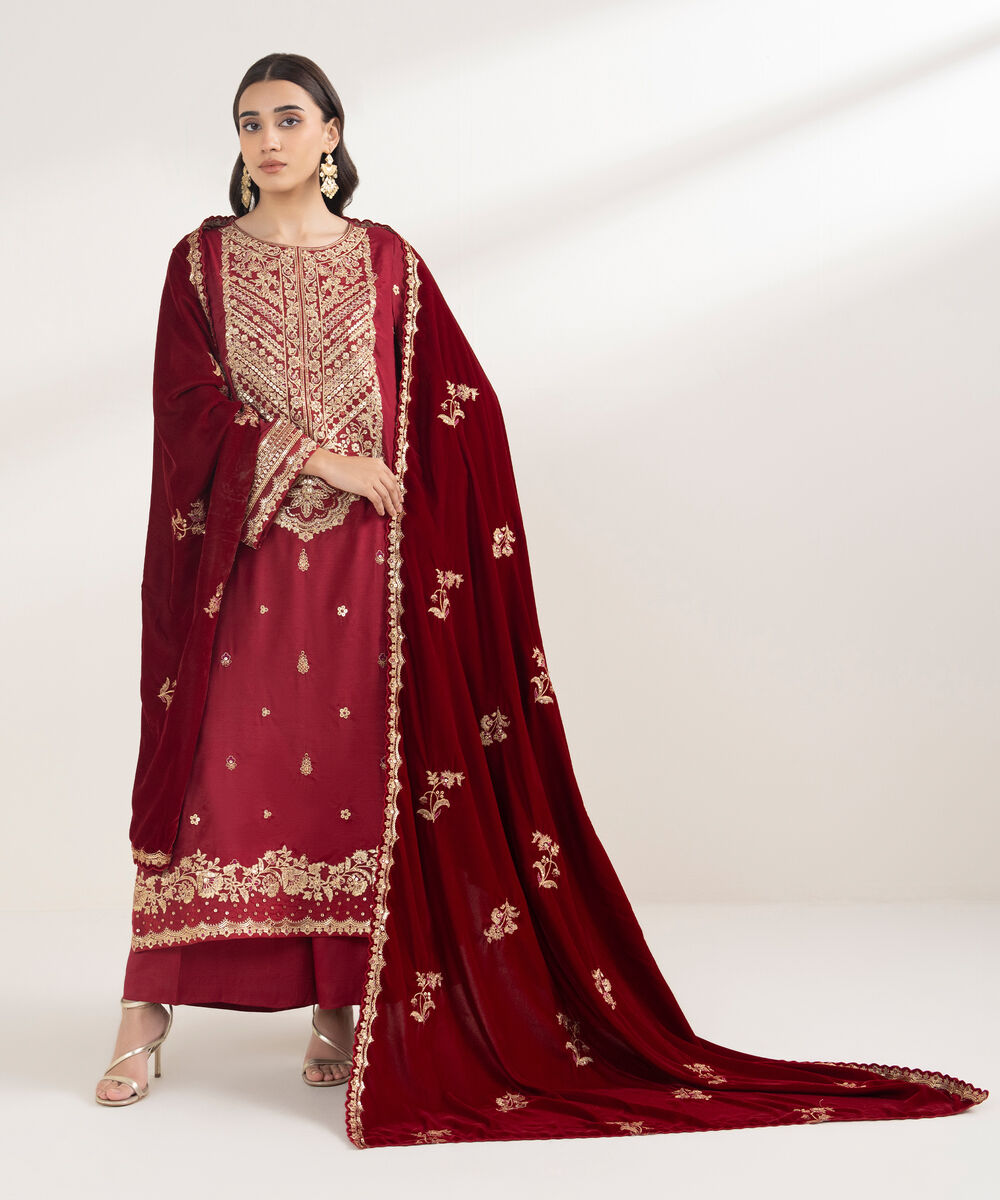 Women's Unstitched Viscose Raw Silk 3 Piece Suit