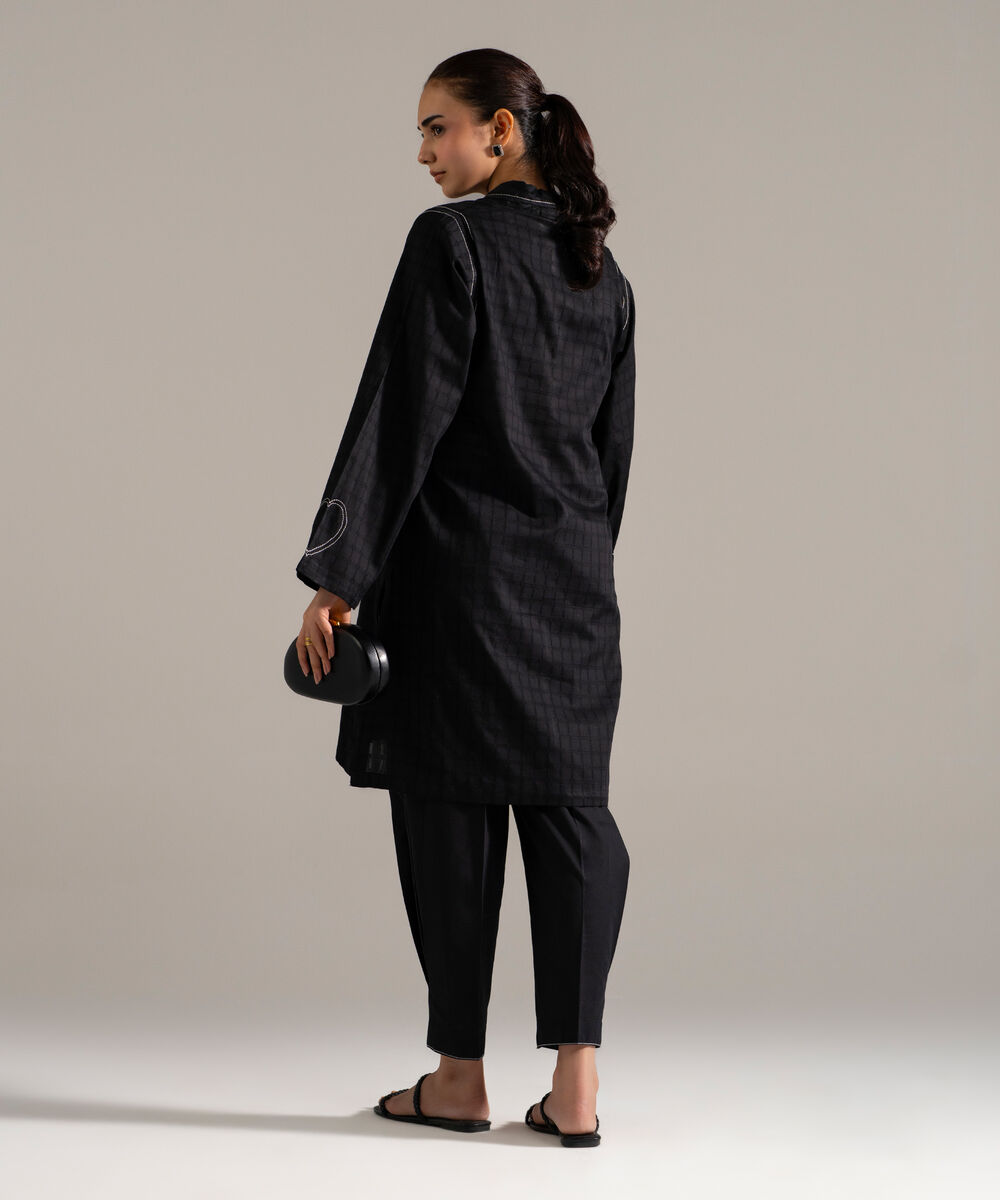 Women's RTW Dobby Printed Black Straight Shirt
