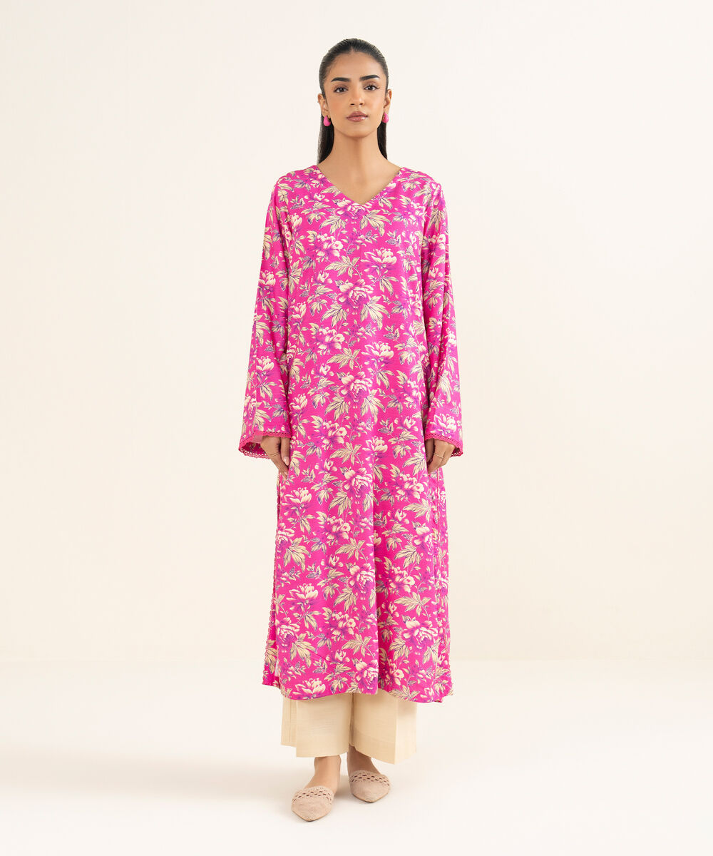 Women's RTW Light Khaddar Printed Pink A-Line Shirt