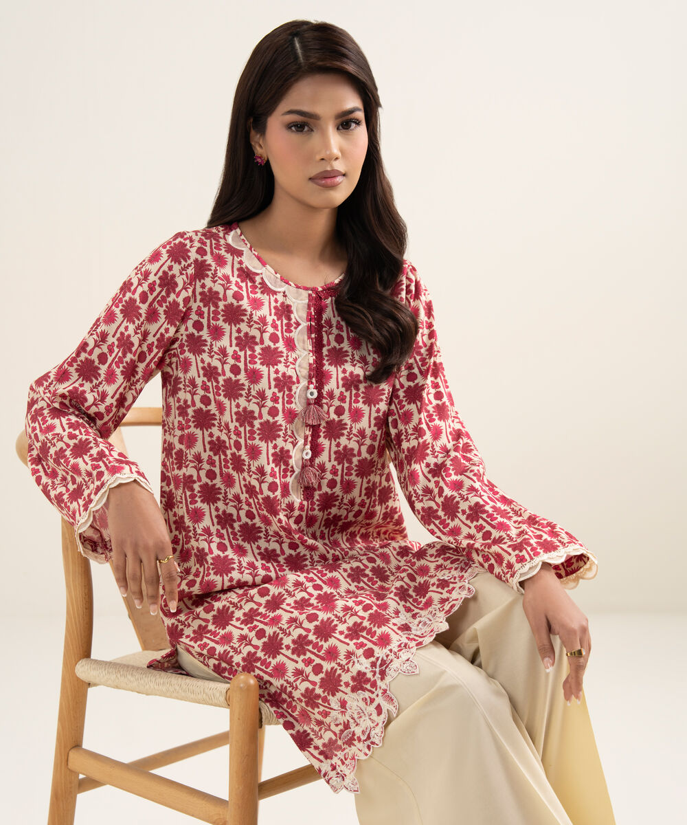 Women's RTW Viscose Raw Silk Embroidered Pink Straight Shirt