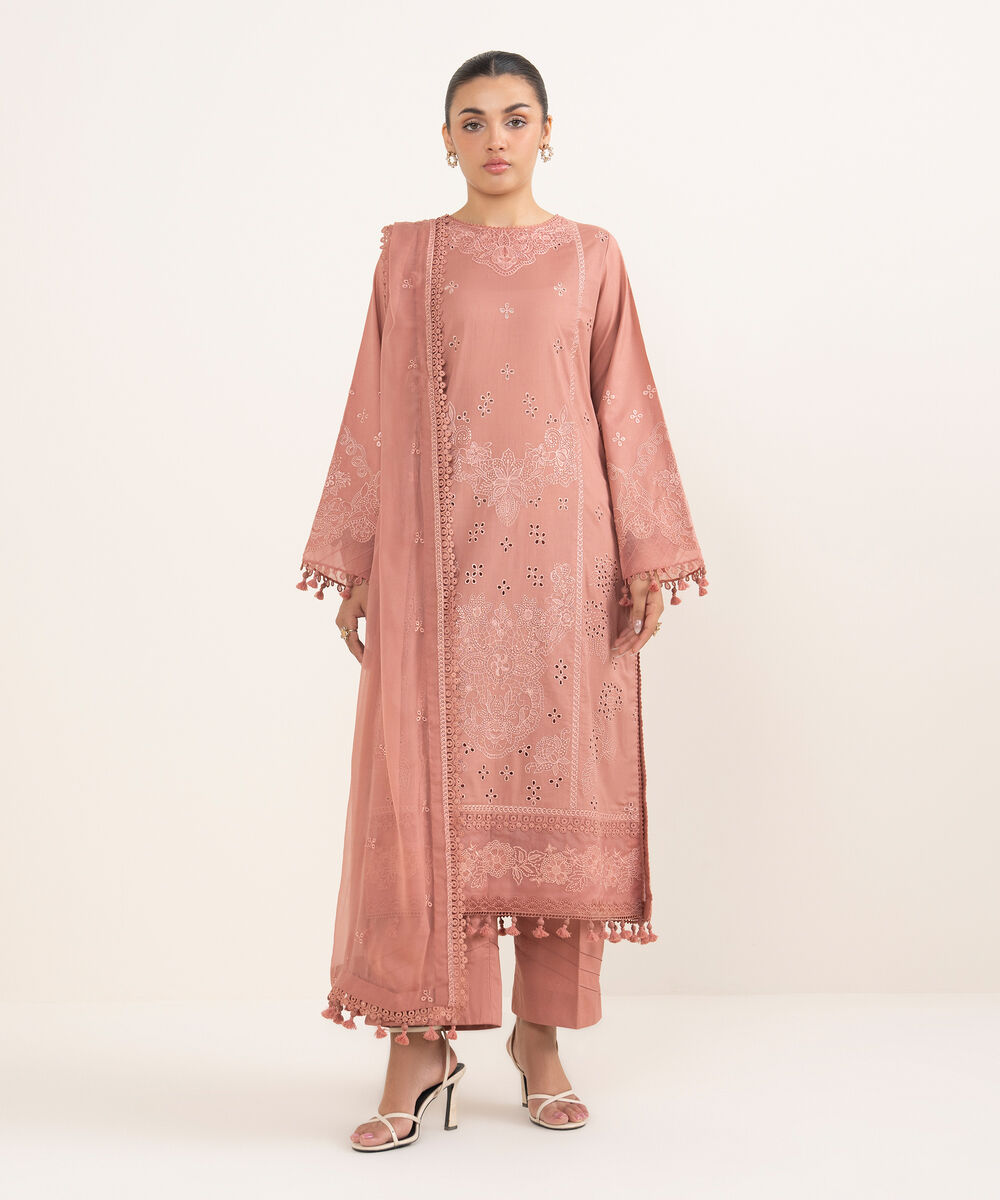 Women's Unstitched Lawn Embroidered Pink 3 Piece Suit