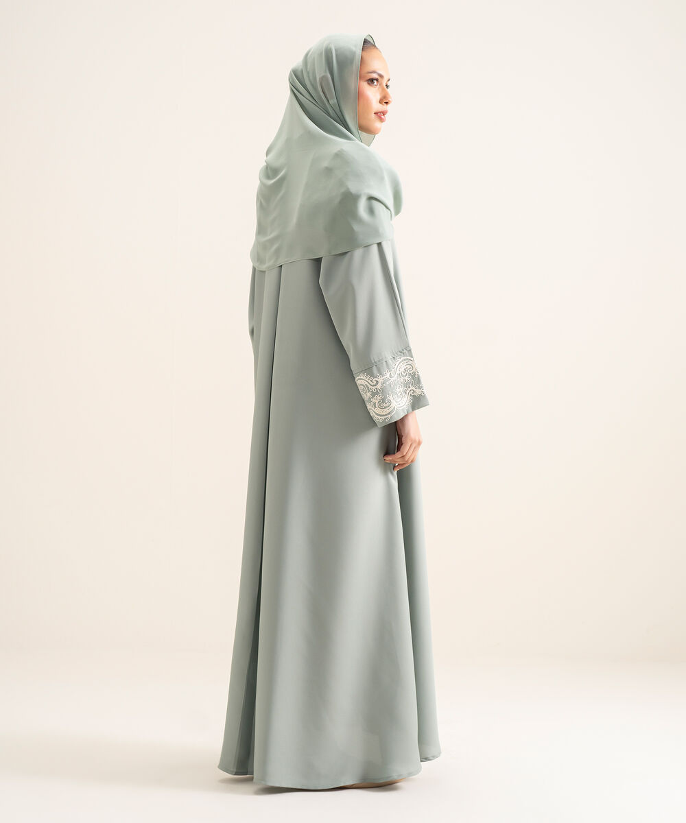 Women's Light Green Embroidered Kimono Abbaya Set