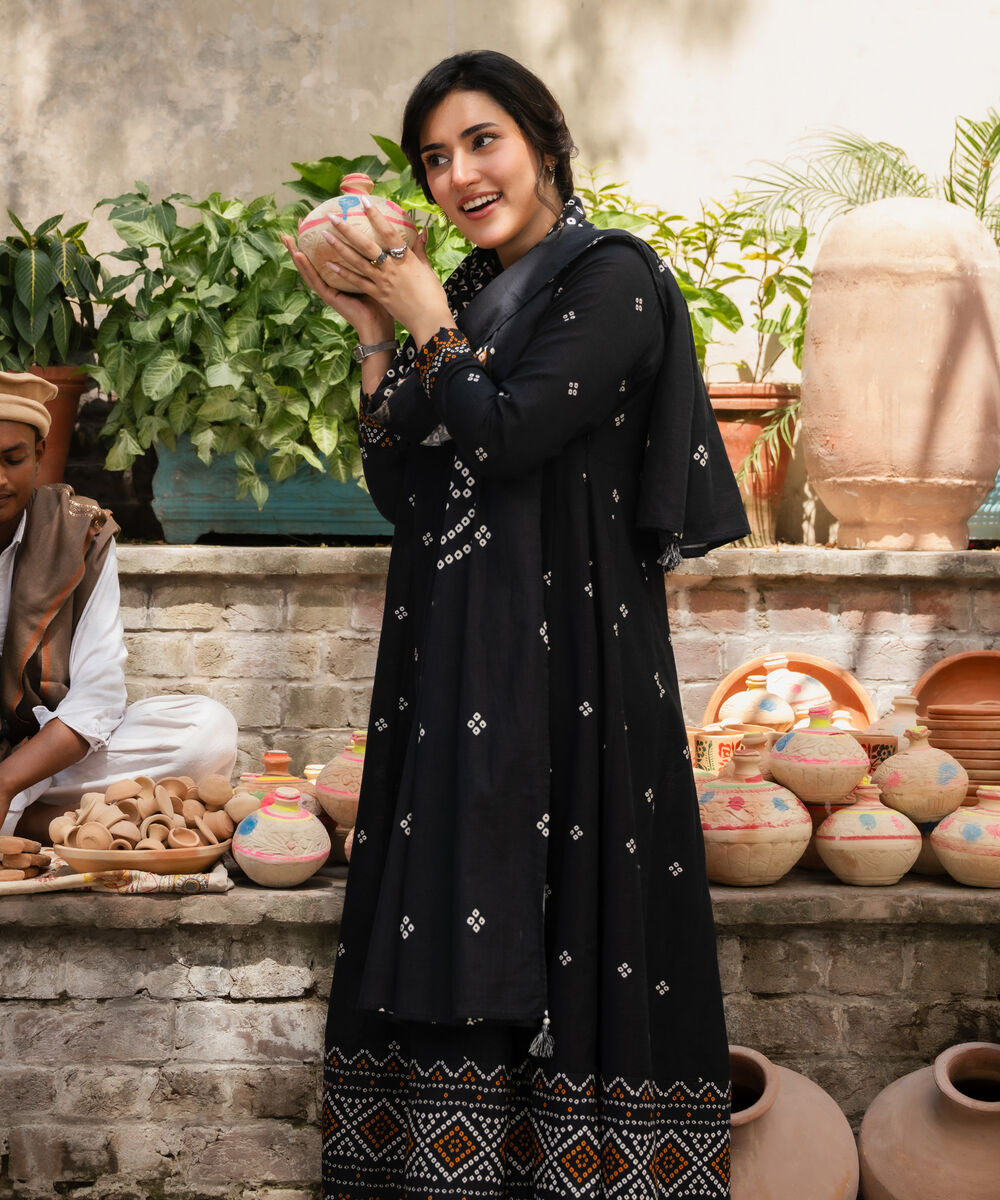 Women's RTW Khaddar Printed Black 3 Piece Suit