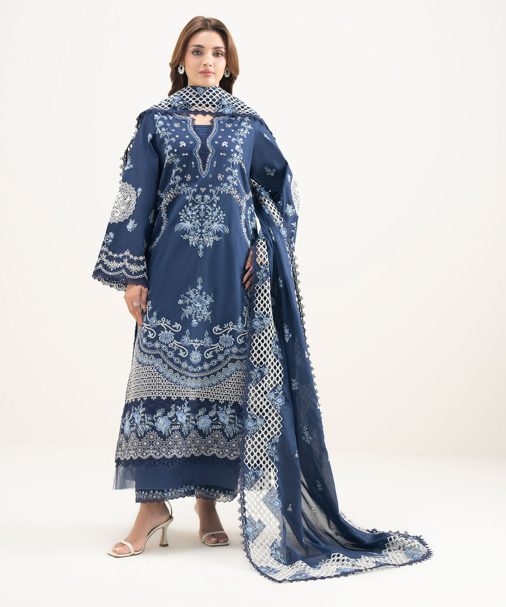 Women's Unstitched Lawn Embroidered Blue  3 Piece Suit