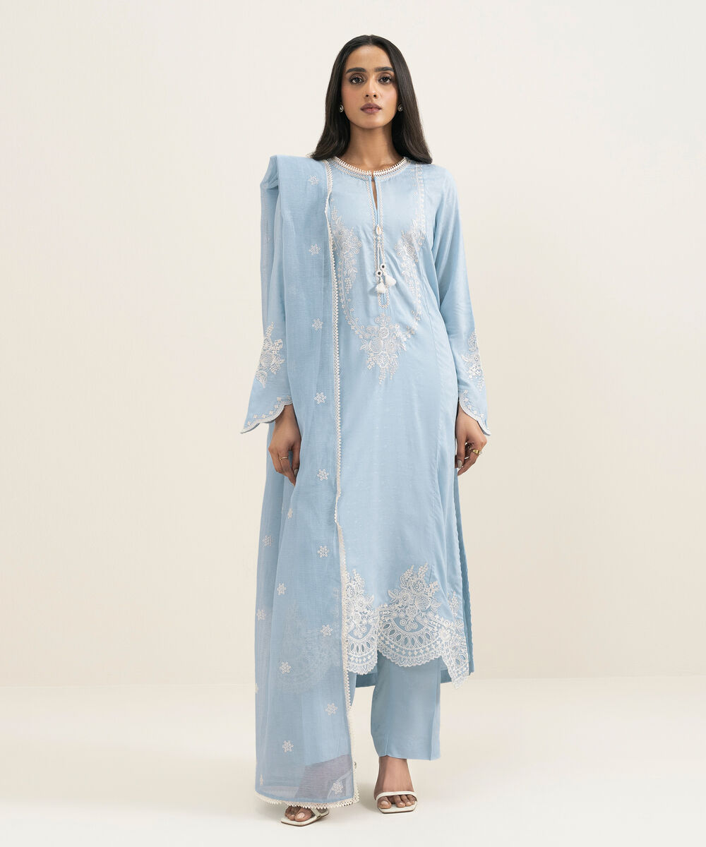 Women's RTW Arabic Self Jacquard Embroidered Blue A-Line Shirt