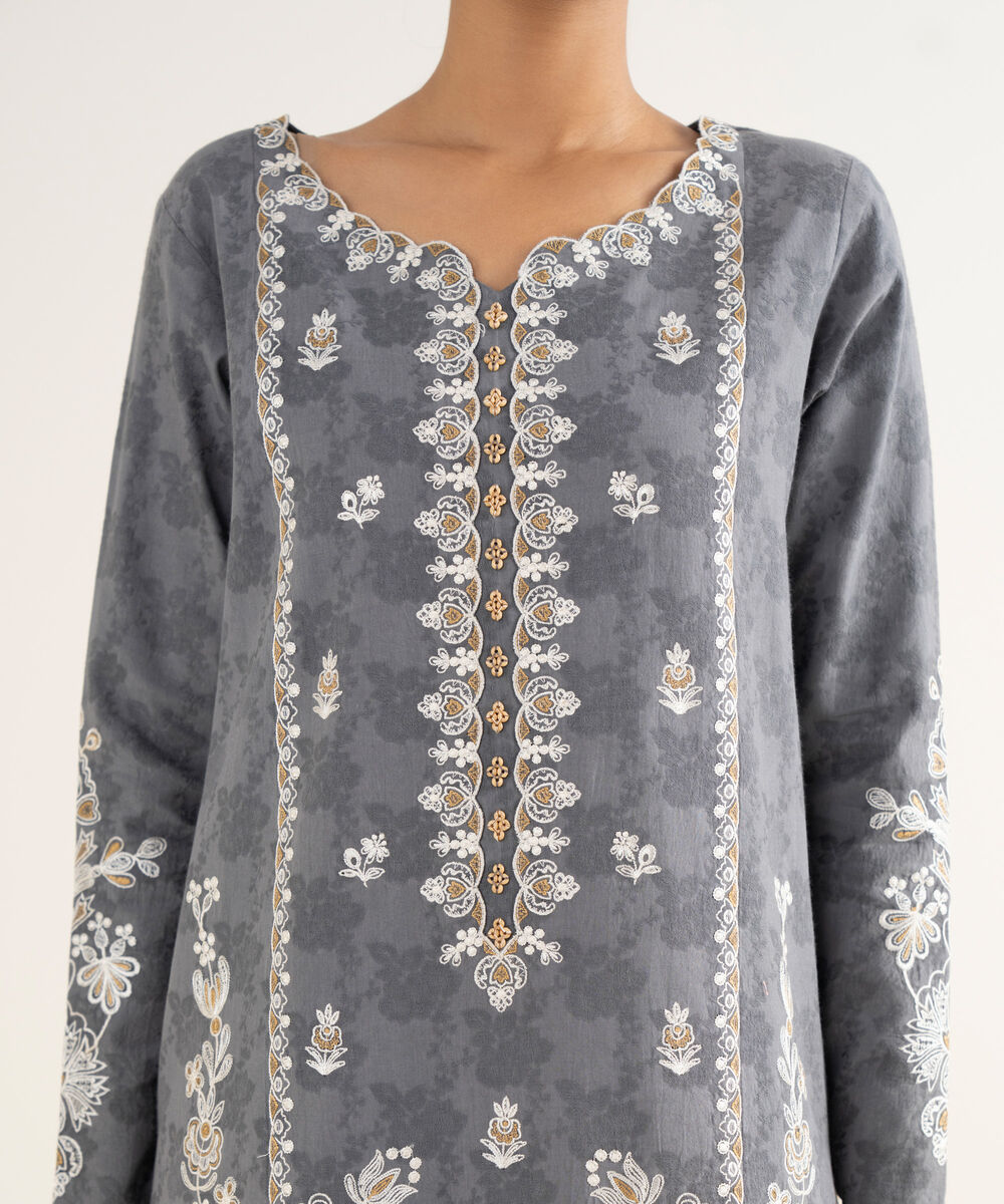 Women's Unstitched Cotton Jacquard Embroidered Grey 3 Piece Suit