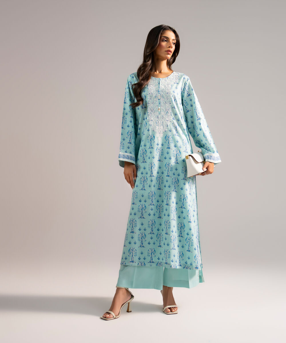 Women's RTW Cotton Viscose Embroidered Light Blue A-Line Shirt