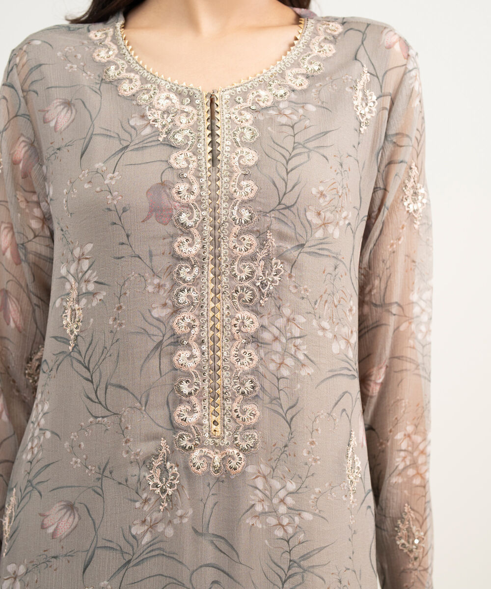 Women's RTW Blended Chiffon Embroidered Dark Beige 3 Piece Suit