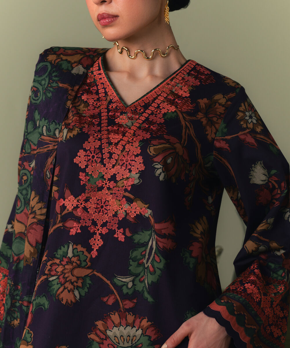 Women's Unstitched Lawn Embroidered Purple 3 Piece Suit
