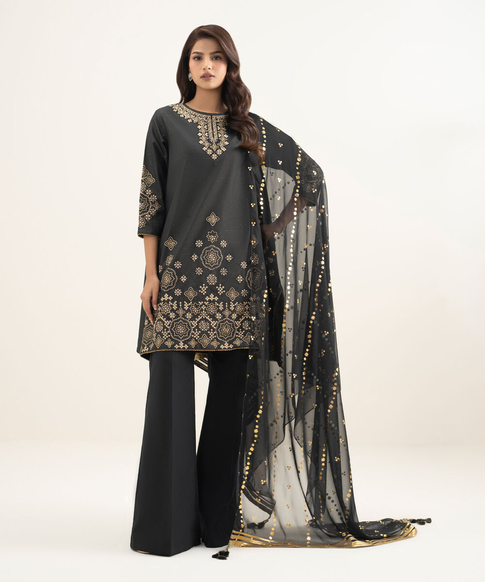 Women's Unstitched Zari Lawn Embroidered Black 3 Piece Suit