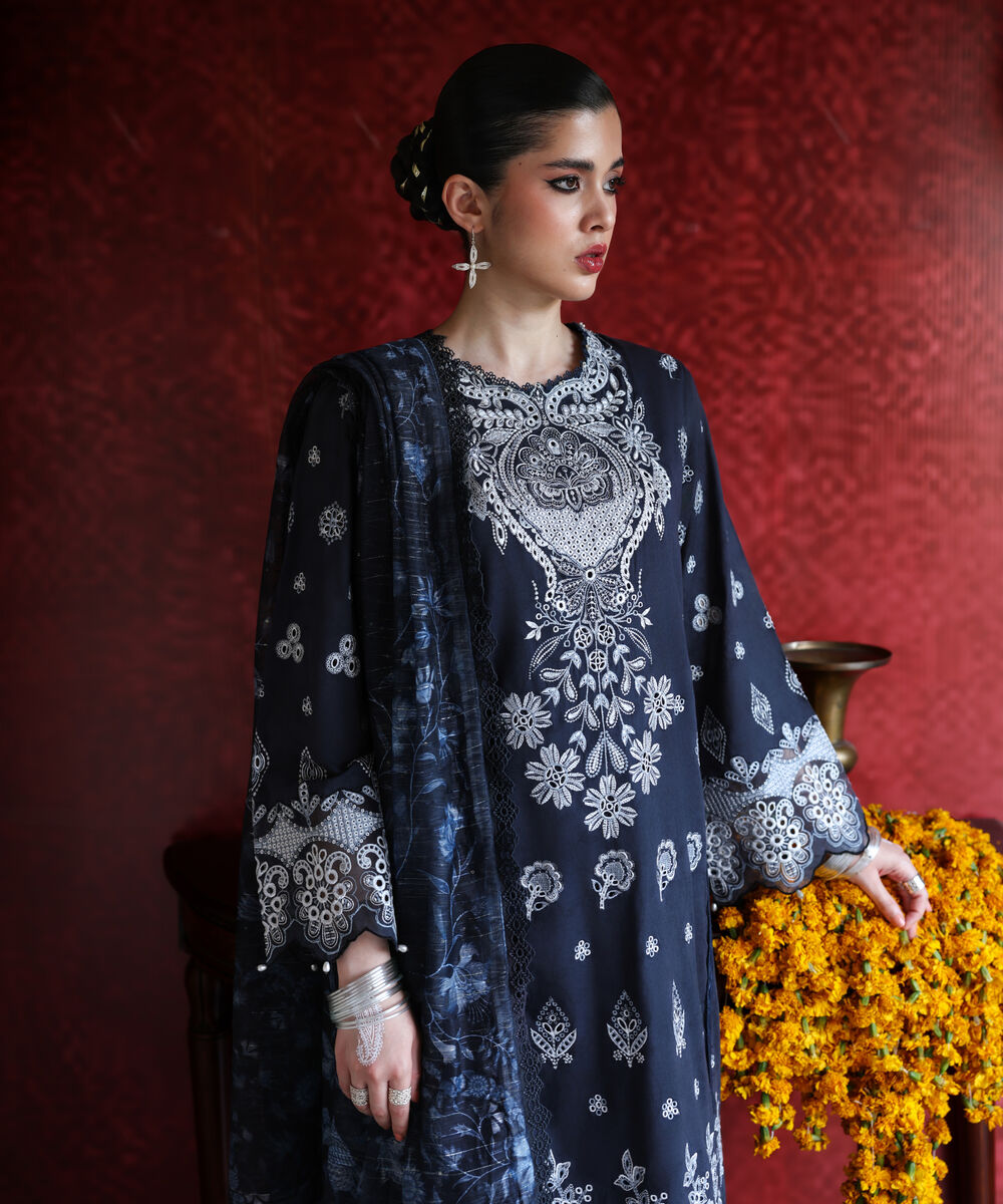 Women's RTW Self Jacquard Embroidered Dark Blue 3 Piece Suit