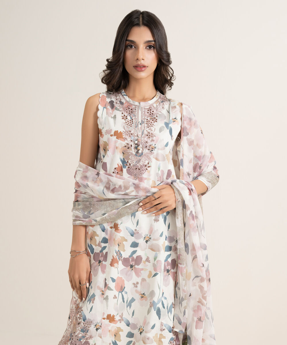 Women's Unstitched Lawn Embroidered Off White 3 Piece Suit