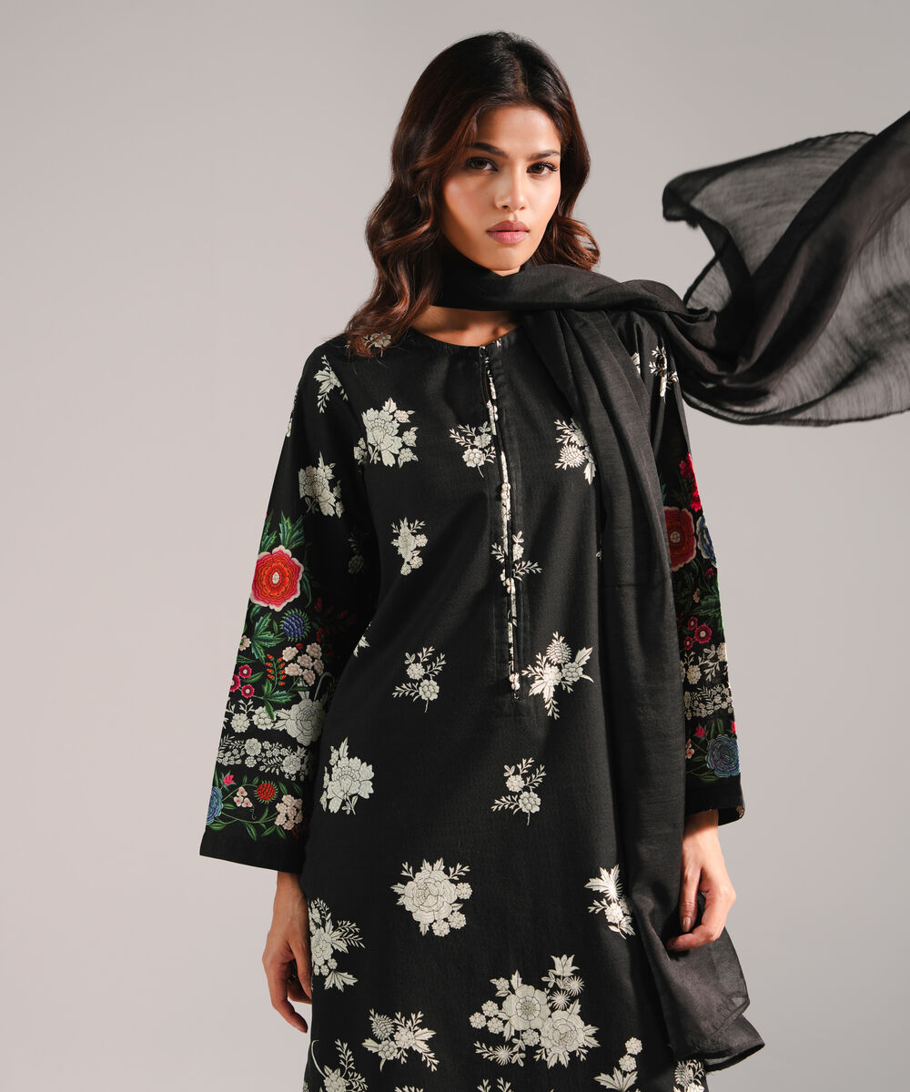 Women's RTW Dobby Printed Black 3 Piece Suit