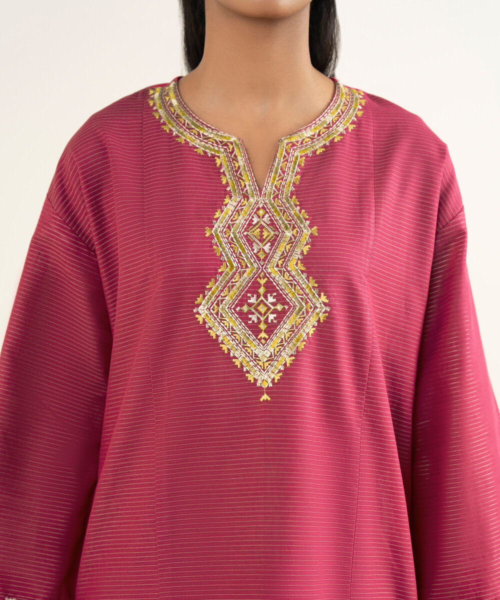 Women's RTW Fancy Textured Slub Embroidered Pink Drop Shoulder Shirt