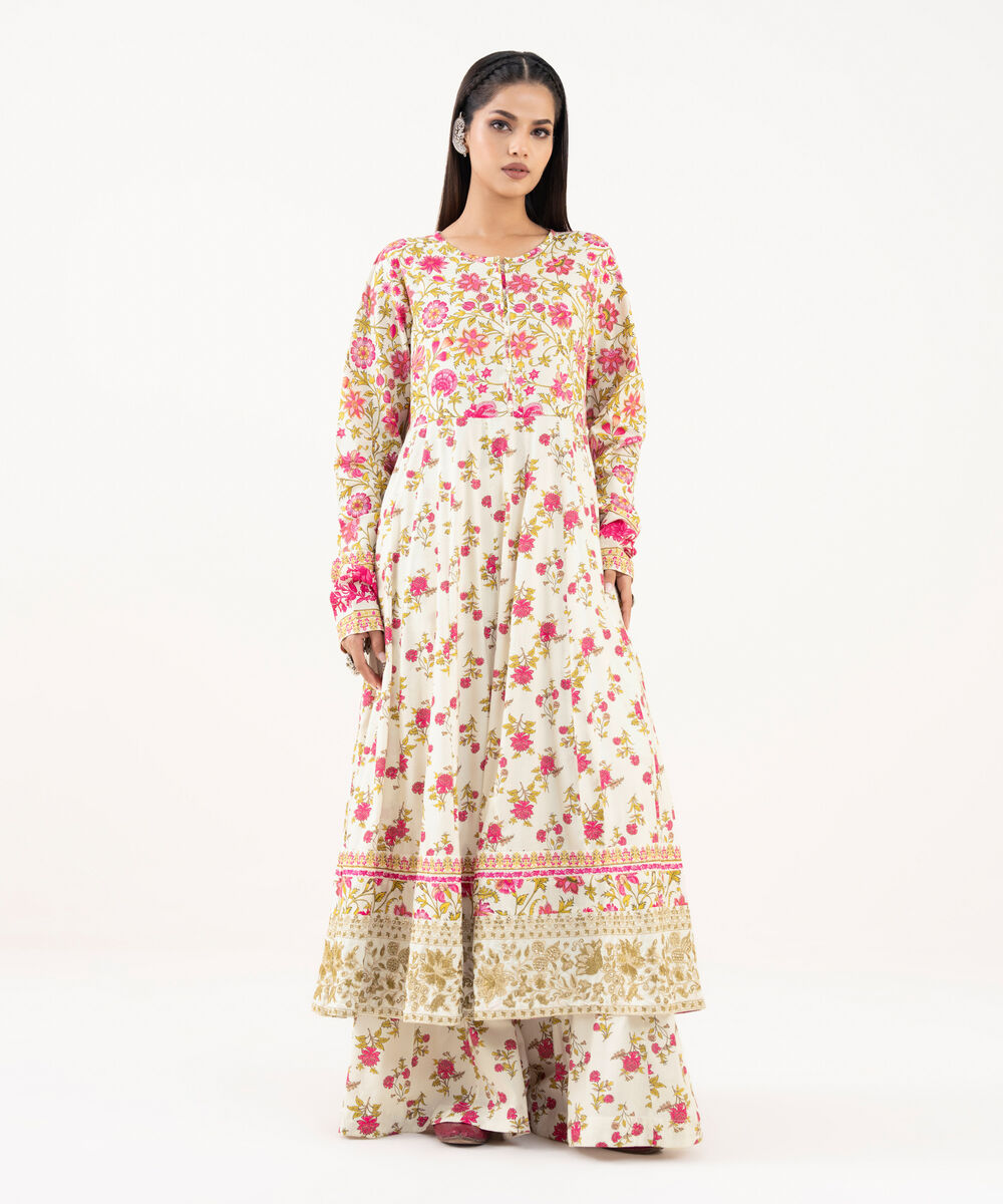 Women's RTW Lawn Viscose Off White Embroidered Pishwas