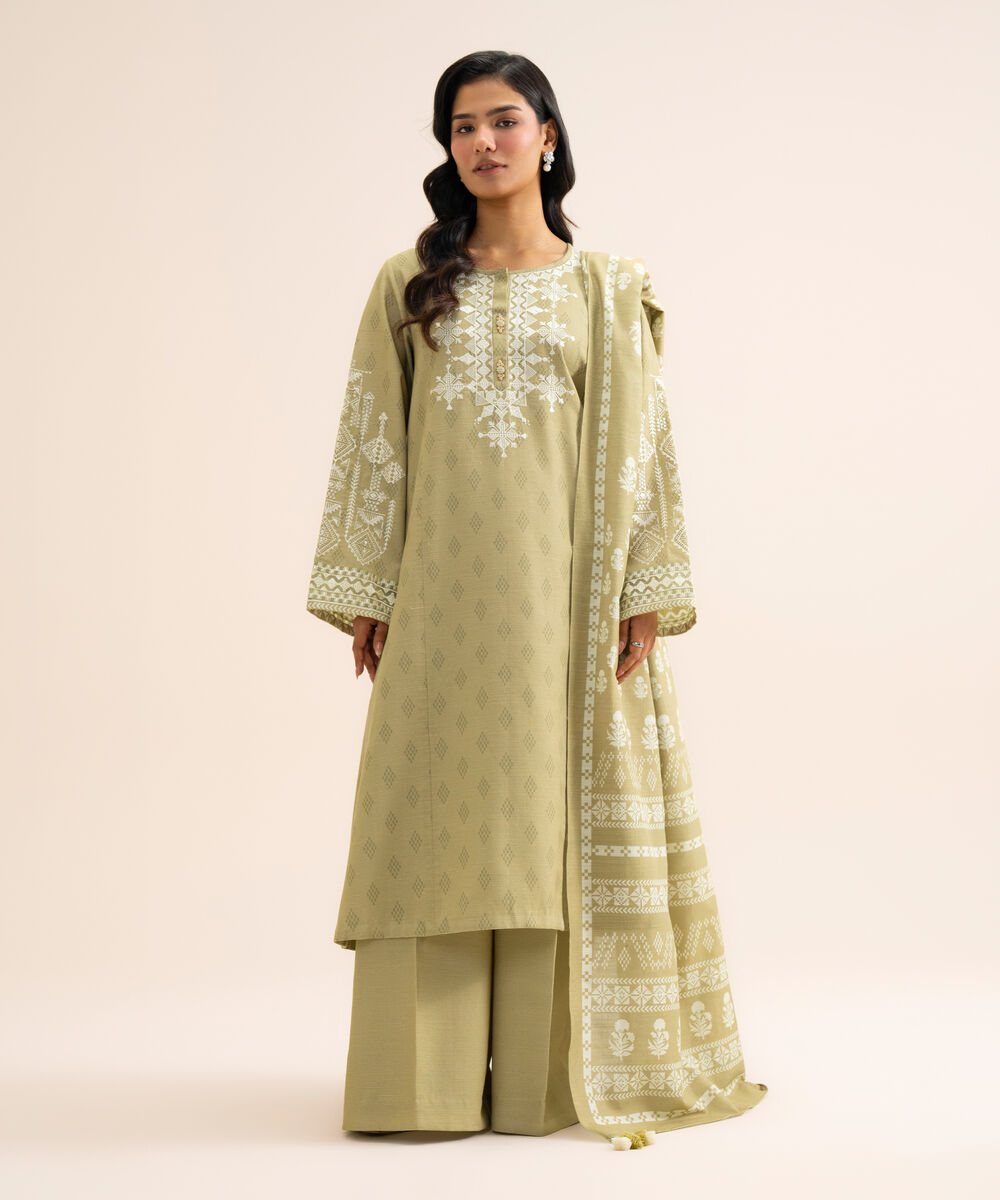 Women's Unstitched Light Khaddar Embroidered Green 3 Piece Suit