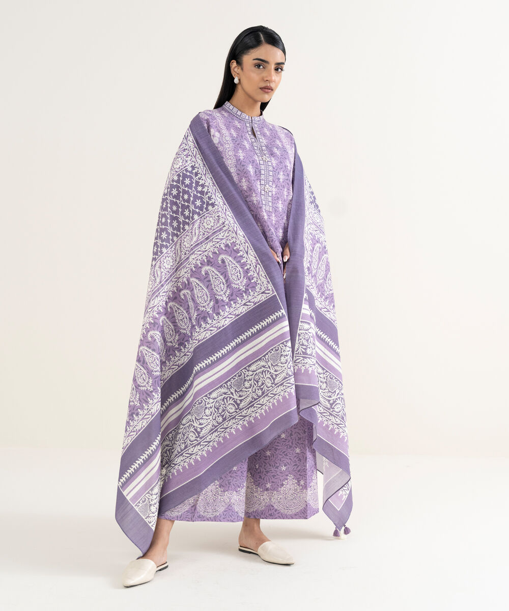 Women's Unstitched Printed Khaddar Lilac and Off White 3 Piece Suit