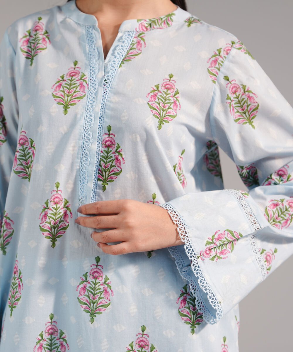 Women's RTW Lawn Printed Ice Blue Straight Shirt