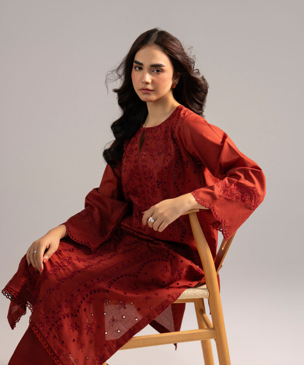 Women's RTW Dobby Embroidered Rust 2 Piece Suit