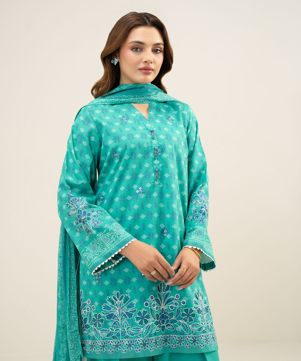 Women's Unstitched Lawn Embroidered Turquoise Green 3 Piece Suit