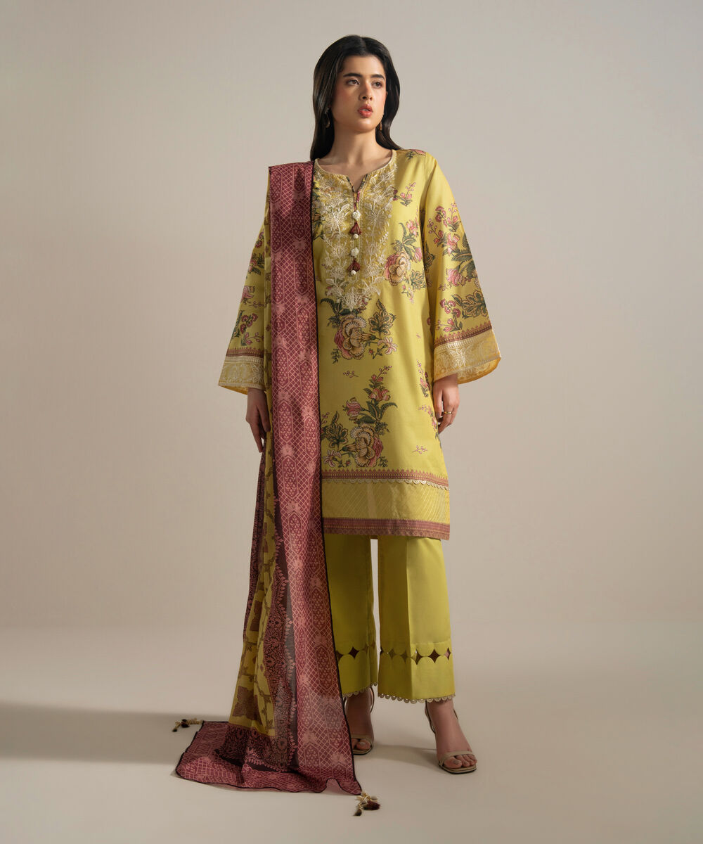 Women's RTW Zari Lawn Embroidered Yellow 3 Piece Suit