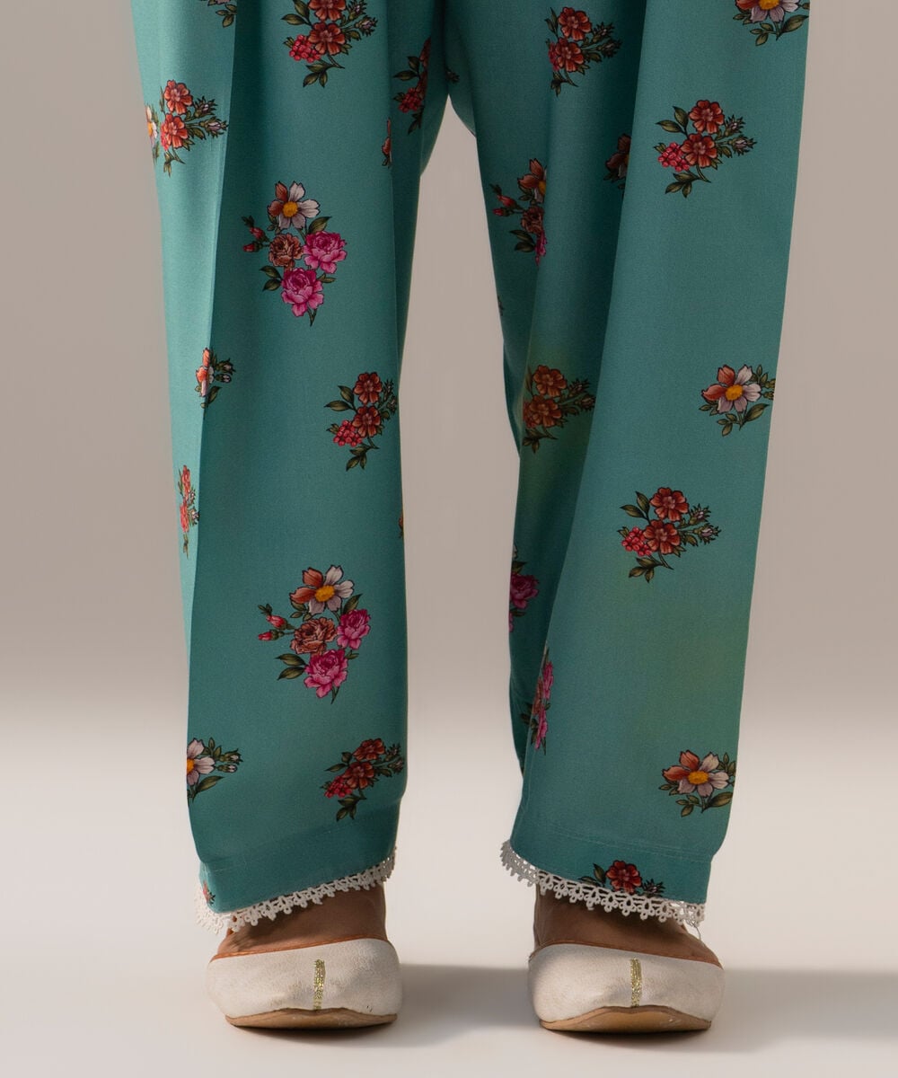 Women's RTW Arabic Cambric Printed Seaform Green Regular Shalwar
