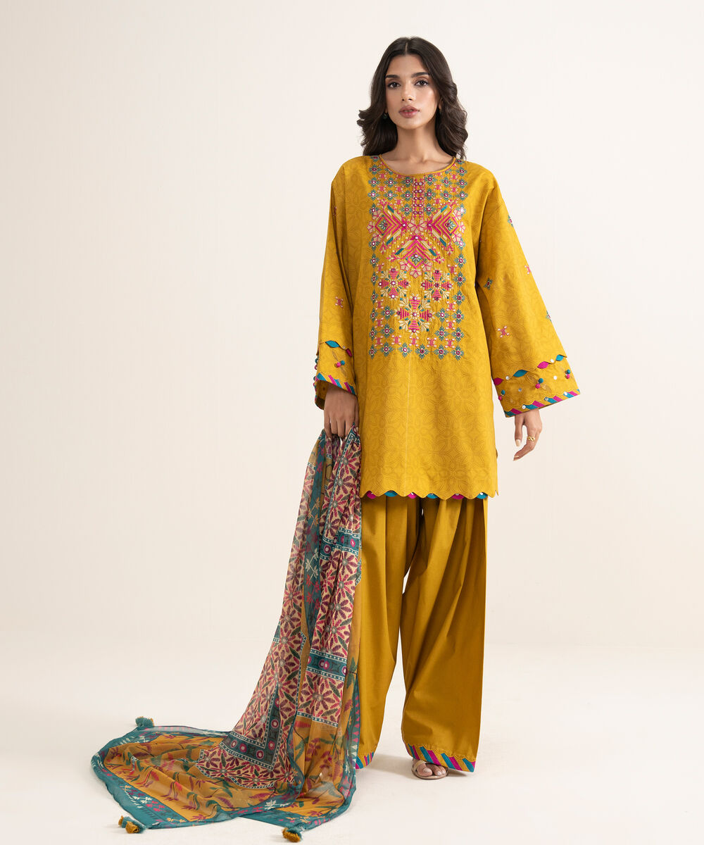 Women's Unstitched Lawn Embroidered Yellow 3 Piece Suit