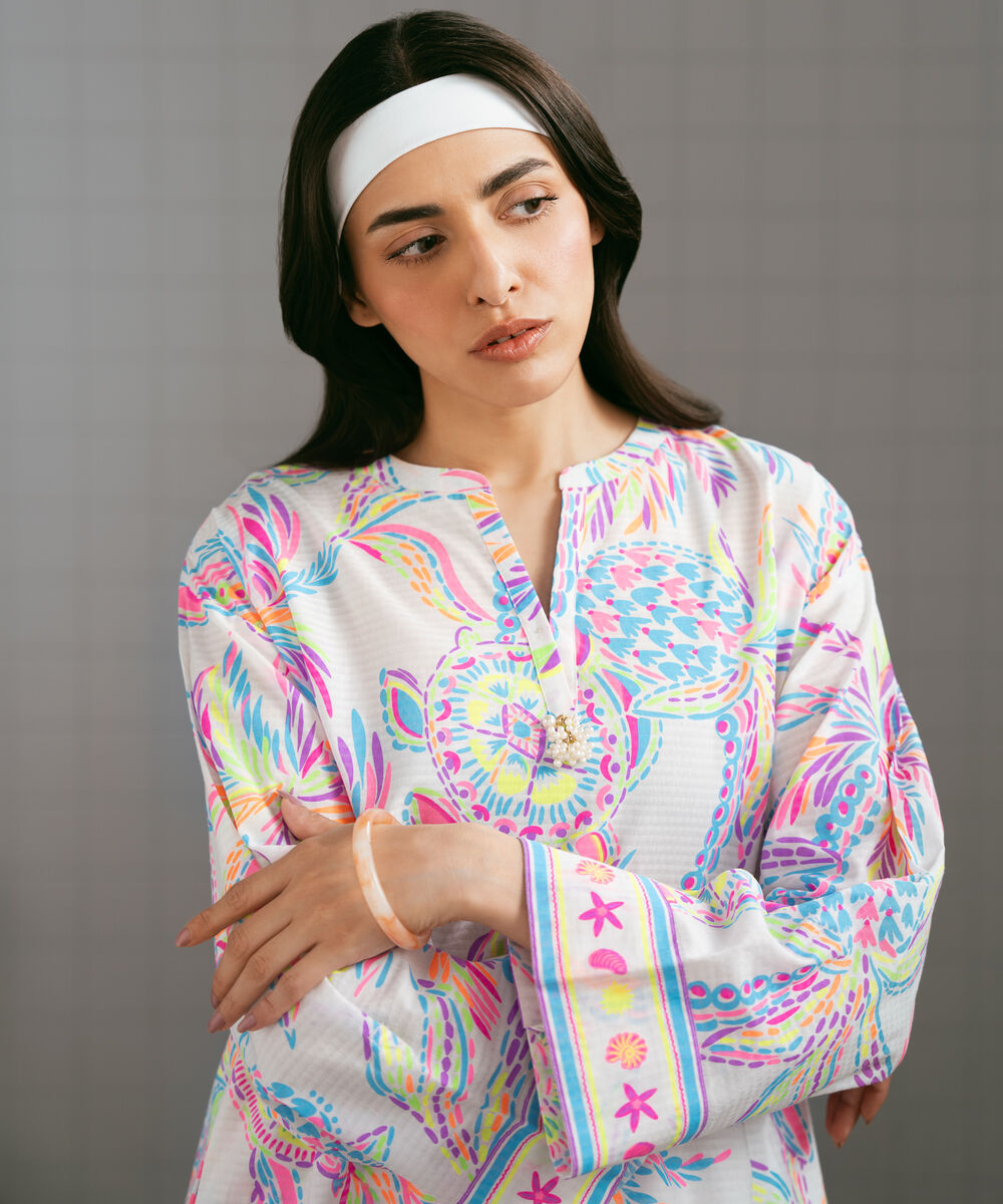 Women's RTW Dobby Printed White 2 Piece Suit