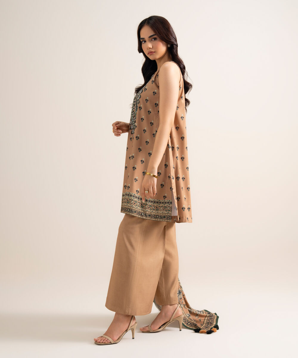 Women's Unstitched Embroidered Linen Brown 3 Piece Suit