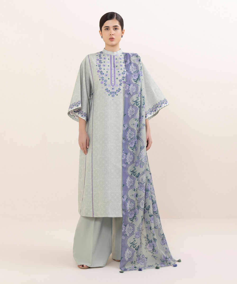 Women's Unstitched Cotton Embroidered Grey Three Piece Suit