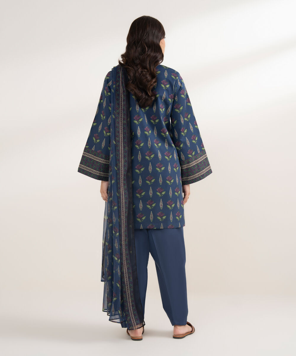 Women's Unstitched Lawn Printed Blue 3 Piece Suit
