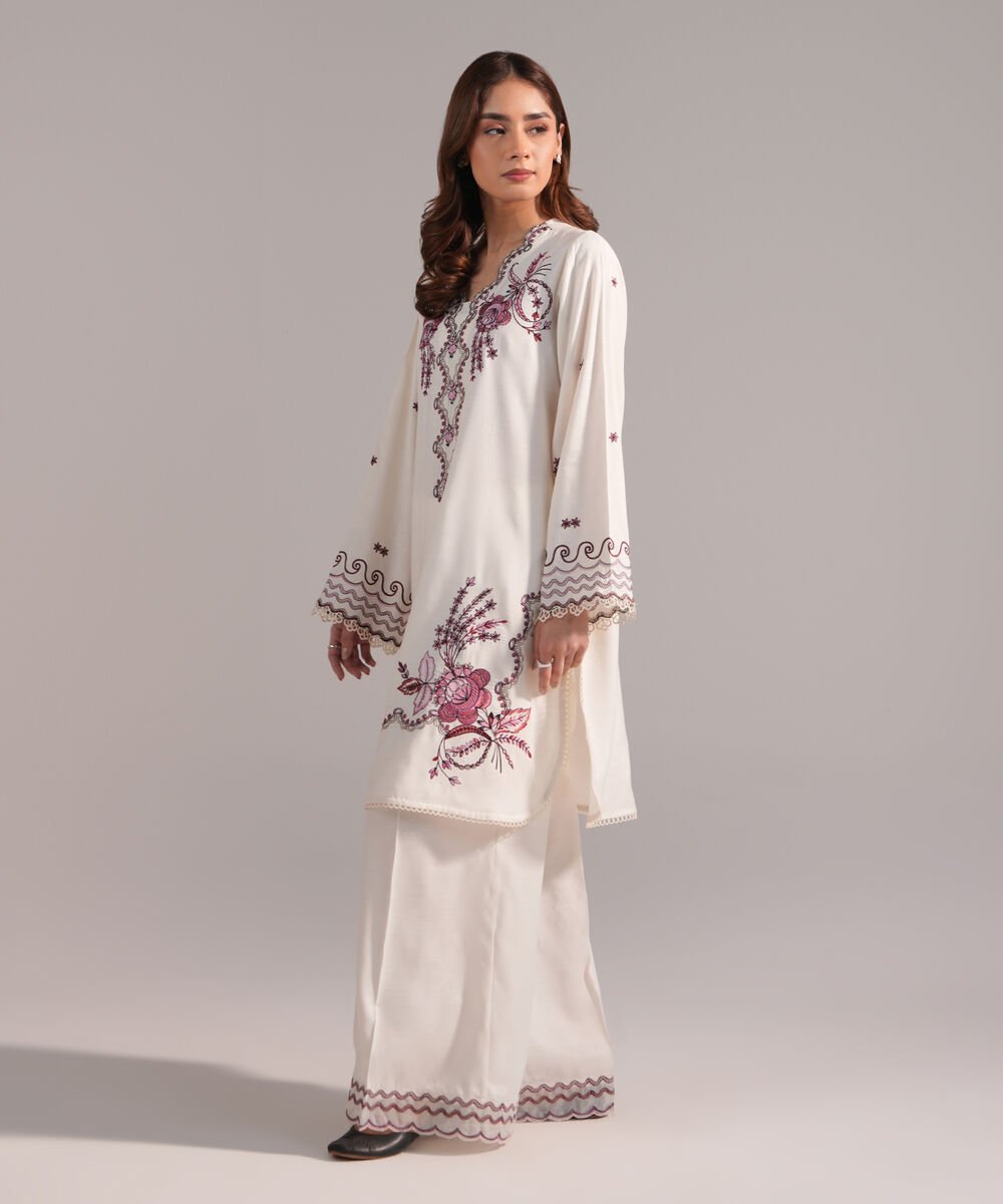 Women's RTW Viscose Raw Silk Embroidered Cream White 2 Piece Suit