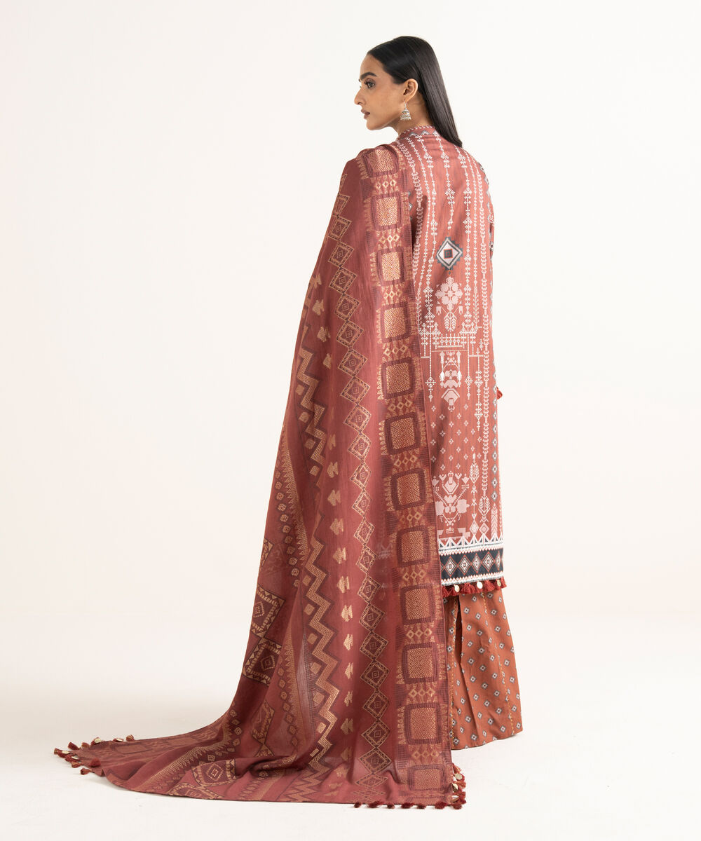 Women's Unstitched Fine Cotton Satin Embroidered Brown  3 Piece Suit